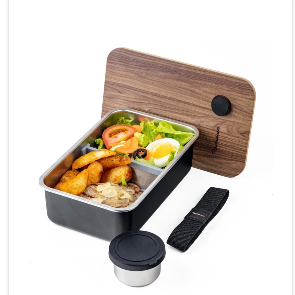 Large Black Stainless Steel with Bamboo-Style Lid Bento Lunch Box